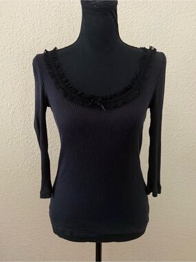 Vintage Alannah Hill Black Ribbed Scoop Neck Top Ruffle Bow Coquette Y2K US 4-6